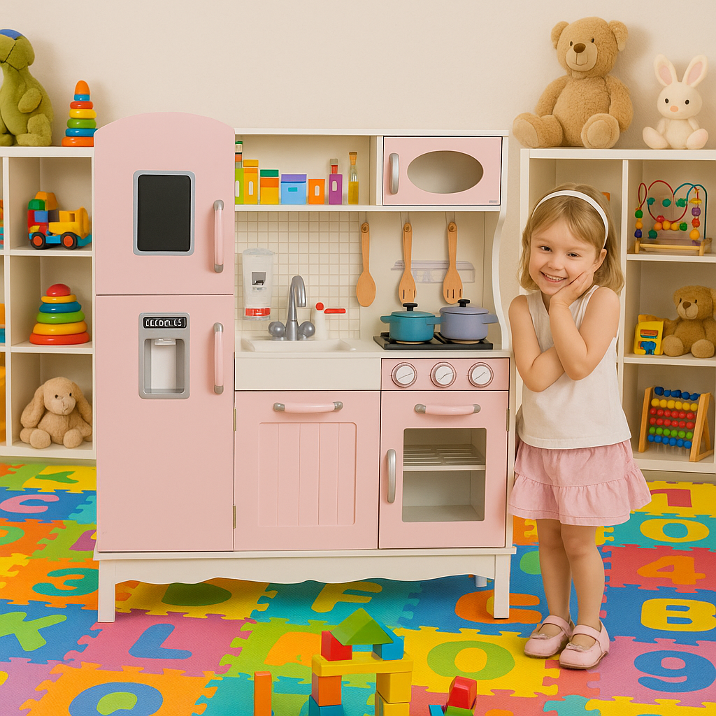 Bucatarie din lemn idealSTORE Chef's Max Cook, Dimensiuni 102 x 92.5 x 30 cm, Iluminare LED, Echipata complet, Include elemente mobile