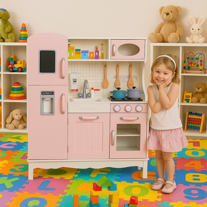 Bucatarie din lemn idealSTORE Chef's Max Cook, Dimensiuni 102 x 92.5 x 30 cm, Iluminare LED, Echipata complet, Include elemente mobile