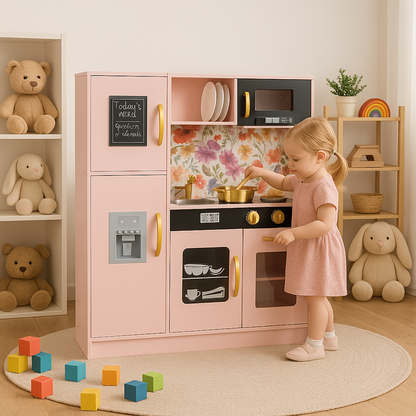 Bucatarie din lemn idealSTORE pentru copii, Dimensiuni 80x80x24 cm, Complet utilata cu Aragaz iluminat, Cuptor, Cuptor cu Microunde, Frigider, Masina de spalat vase