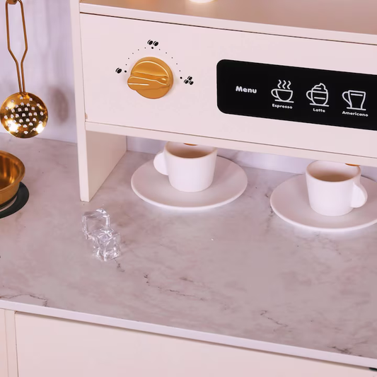 Bucatarie din Lemn pentru Copii idealSTORE PinkWood 16 Accesorii Sunete Frigider Cuptor