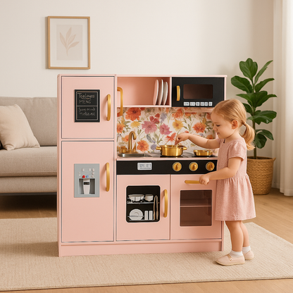 Bucatarie din lemn idealSTORE pentru copii, Dimensiuni 80x80x24 cm, Complet utilata cu Aragaz iluminat, Cuptor, Cuptor cu Microunde, Frigider, Masina de spalat vase