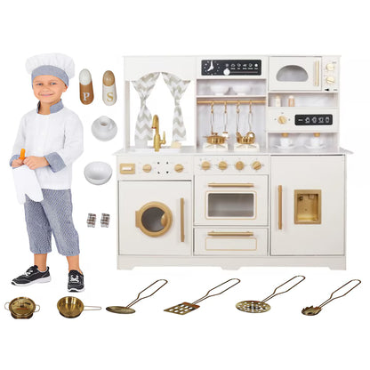 Bucatarie din lemn idealSTORE pentru copii, Dimensiuni 109 x 102 x 32 cm, Complet utilata cu Aragaz iluminat, Cuptor, Cuptor cu Microunde, Masina de spalat vase, Chiuveta, Rafturi si carlige pentru accesorii, Oala, Tigaie si Linguri, Cafetiera, MDF