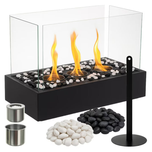 Semineu idealSTORE Bioetanol interior-exterior, 45  29  20,5 cm Flacara fara fum, miros sau cenusa, Pereti de sticla de protectie, 3 Rezervoare otel cu fibra ceramica, Capacitate 450ml, pietre decorative, Panou sticla anti-vant, Ideal pentru living