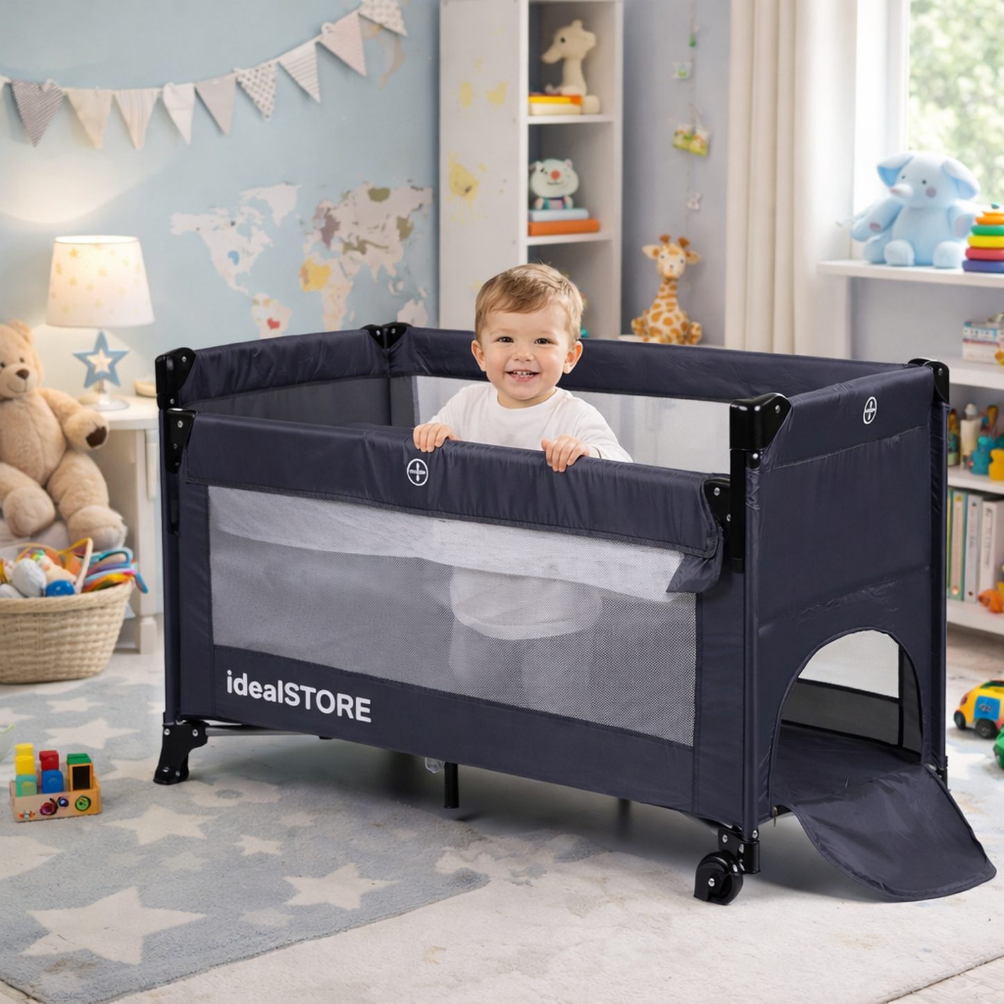 Patut turistic pliabil idealSTORE cu 2 Etaje, Saltea Moale, si geanta transport