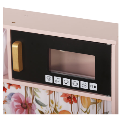 Bucatarie din lemn idealSTORE pentru copii, Dimensiuni 80x80x24 cm, Complet utilata cu Aragaz iluminat, Cuptor, Cuptor cu Microunde, Frigider, Masina de spalat vase