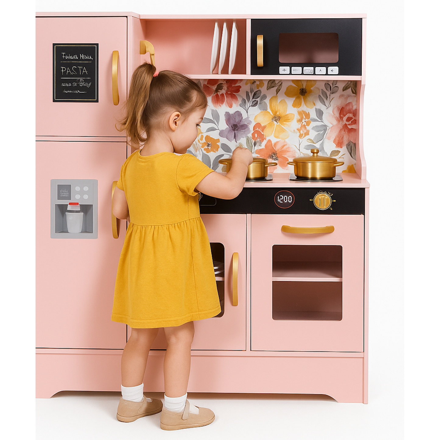 Bucatarie din lemn idealSTORE pentru copii, Dimensiuni 80x80x24 cm, Complet utilata cu Aragaz iluminat, Cuptor, Cuptor cu Microunde, Frigider, Masina de spalat vase