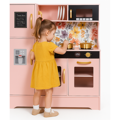 Bucatarie din lemn idealSTORE pentru copii, Dimensiuni 80x80x24 cm, Complet utilata cu Aragaz iluminat, Cuptor, Cuptor cu Microunde, Frigider, Masina de spalat vase