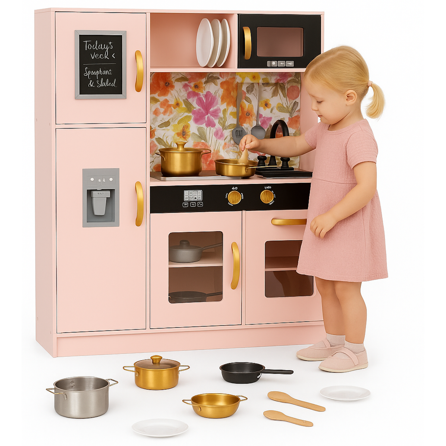 Bucatarie din lemn idealSTORE pentru copii, Dimensiuni 80x80x24 cm, Complet utilata cu Aragaz iluminat, Cuptor, Cuptor cu Microunde, Frigider, Masina de spalat vase