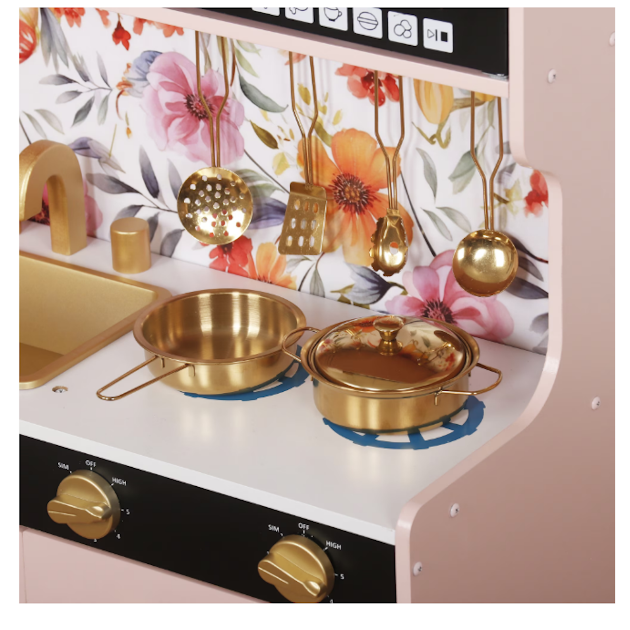 Bucatarie din lemn idealSTORE pentru copii, Dimensiuni 80x80x24 cm, Complet utilata cu Aragaz iluminat, Cuptor, Cuptor cu Microunde, Frigider, Masina de spalat vase