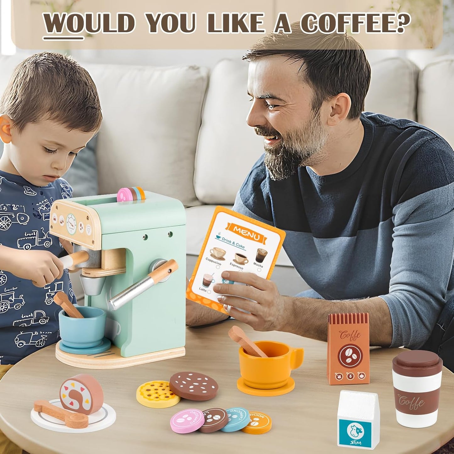 Aparat de Cafea din Lemn MDF, idealSTORE, cu 25 Accesorii, Set cu Două Cesti, Multicolor