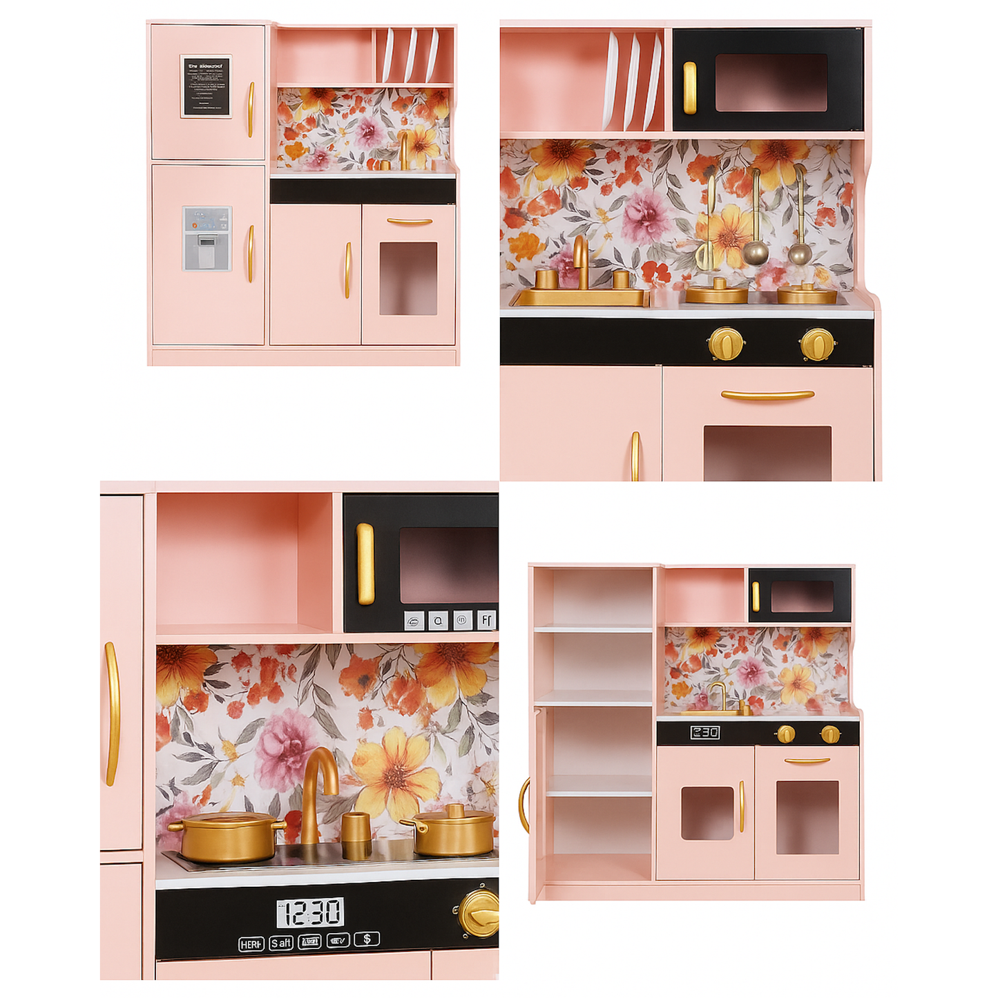 Bucatarie din lemn idealSTORE pentru copii, Dimensiuni 80x80x24 cm, Complet utilata cu Aragaz iluminat, Cuptor, Cuptor cu Microunde, Frigider, Masina de spalat vase