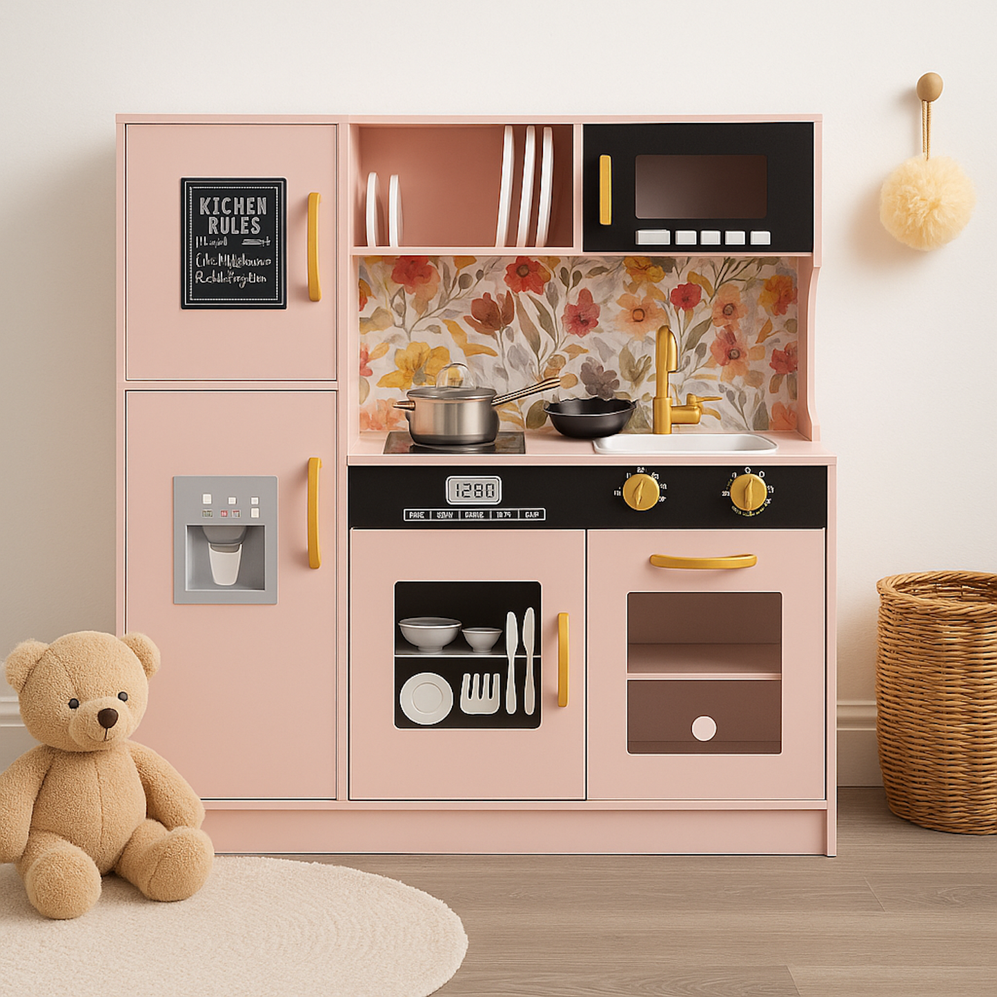 Bucatarie din lemn idealSTORE pentru copii, Dimensiuni 80x80x24 cm, Complet utilata cu Aragaz iluminat, Cuptor, Cuptor cu Microunde, Frigider, Masina de spalat vase