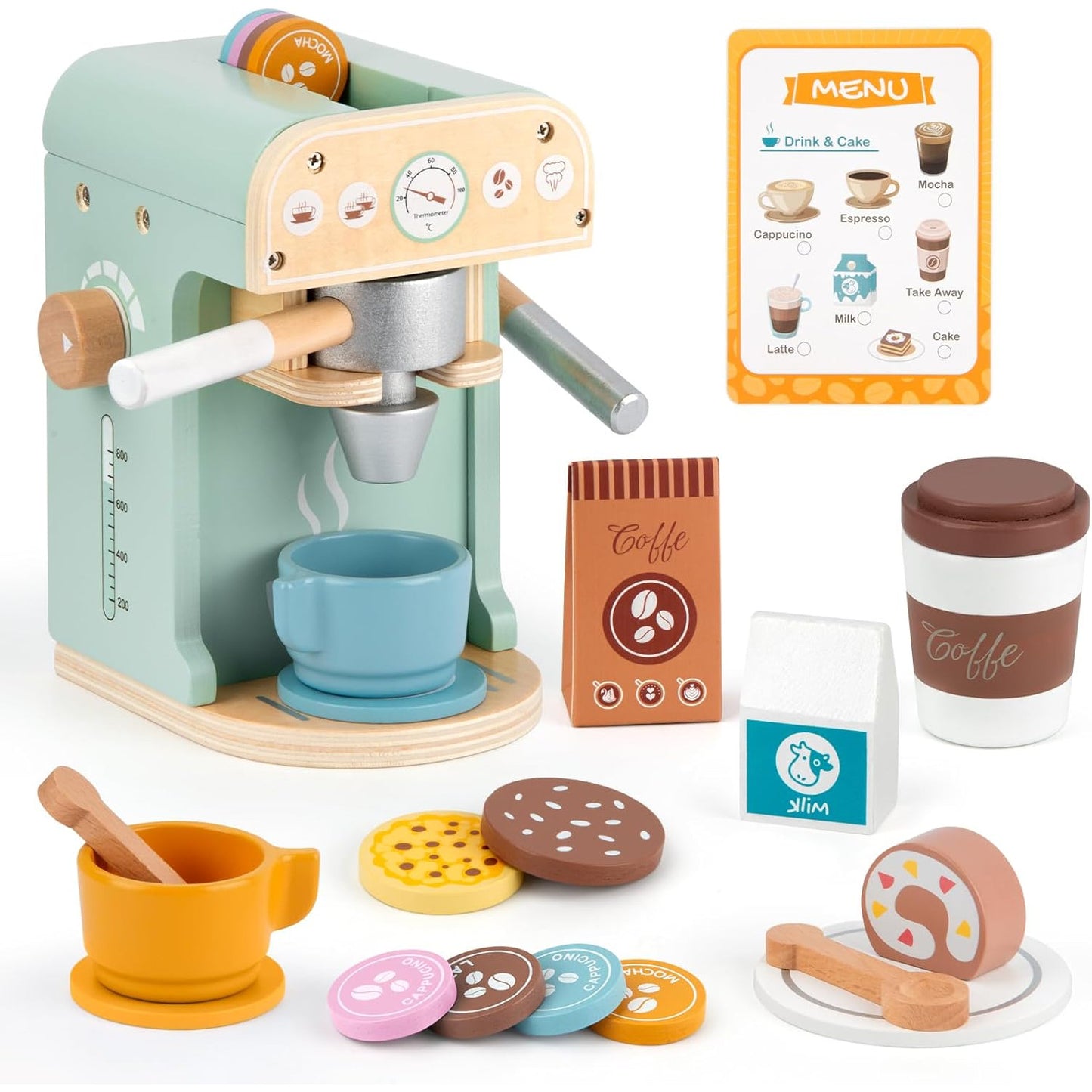 Aparat de Cafea din Lemn MDF, idealSTORE, cu 25 Accesorii, Set cu Două Cesti, Multicolor