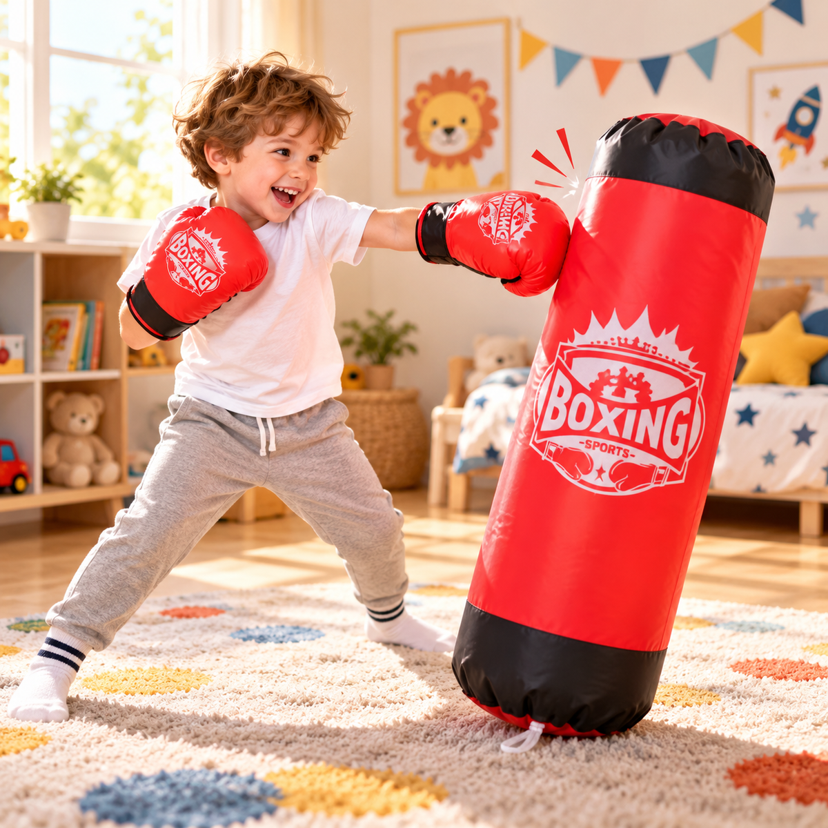 Set de Joaca BOX Champions Of The Stars idealSTORE, Include Sac de Box, 2 Manusi Universale, Rezistente la Lovituri, Ajuta la Dezvoltarea Copilului