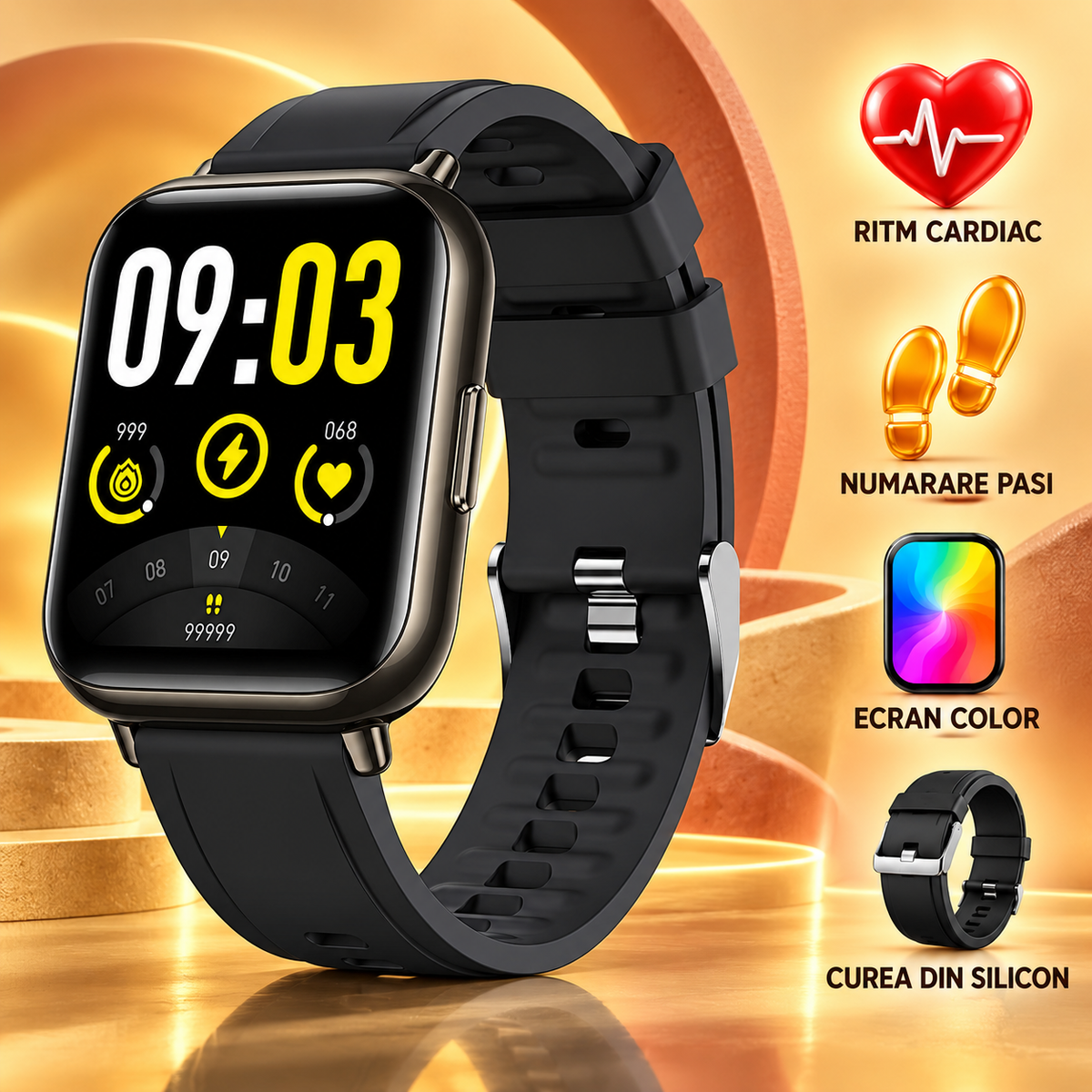 Ceas SmartWatch Saphir idealStore, Ecran HD 1.69 inch, Notificari Apeluri/Mesaje, Monitorizare Ritm Cardiac si Tensiune Arteriala, Compatibil iOS/Android, Negru