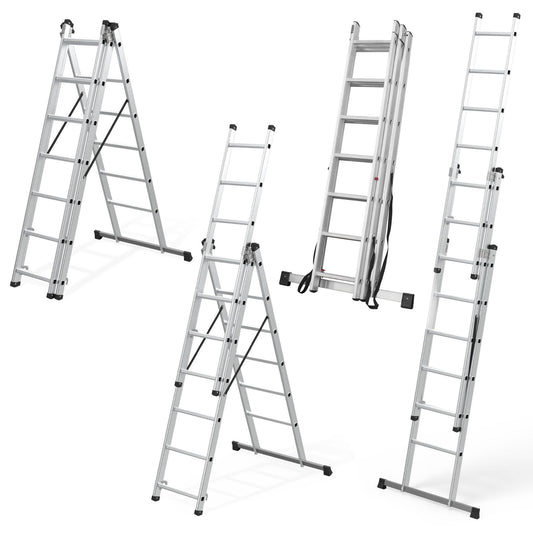 Scara Aluminiu Multifunctionala 3x7 Trepte idealSTORE, Scara Pliabila Tip A si Dreapta, Inaltime Maxima 366 cm, Sarcina 150 kg, Curele Siguranta