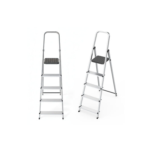Scara aluminiu pliabila idealSTORE 5 trepte cu platforma , antiderapanta, sarcina maxima 150 kg, usoara si stabila