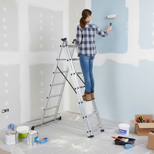 Scara Aluminiu Multifunctionala 3x7 Trepte idealSTORE, Scara Pliabila Tip A si Dreapta, Inaltime Maxima 366 cm, Sarcina 150 kg, Curele Siguranta