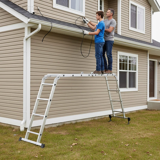 Scara pliabila extensibila idealSTORE din aluminiu 4 x 4 trepte, 4,58m, Sistem de blocare, Utilizare tip A si dreapta, Inaltime reglabila, Sarcina 150 kg