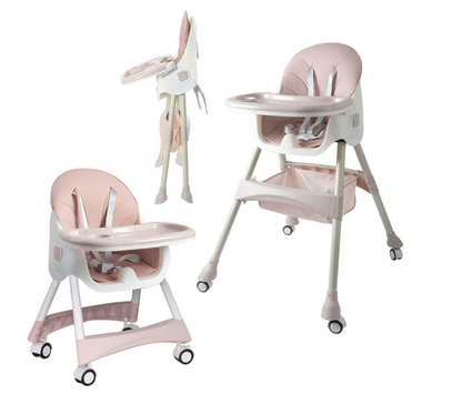 Scaun de Masa Bebelusi si Copii, Pliabil, 7 in 1, At Performance, Multifuntional,, Tavita Detasabila, Piele, Roti Detasabile, Mod Balansoar, Centura in 5 Puncte, Ajustabil pe Inaltime, Rezistent la Murdarie, Cos de Depozitare, Spatar ajustabil, Roz