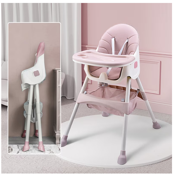 Scaun de Masa Bebelusi si Copii, Pliabil, 7 in 1, At Performance, Multifuntional,, Tavita Detasabila, Piele, Roti Detasabile, Mod Balansoar, Centura in 5 Puncte, Ajustabil pe Inaltime, Rezistent la Murdarie, Cos de Depozitare, Spatar ajustabil, Roz