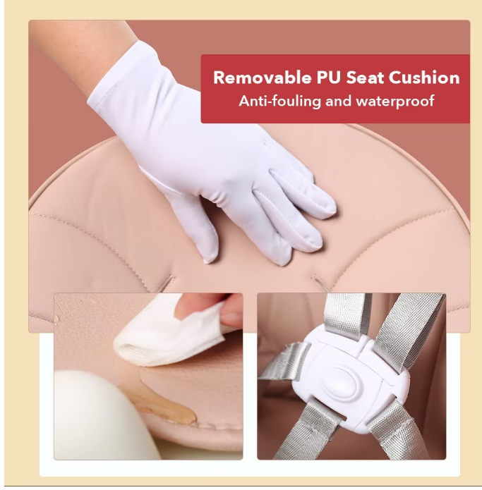 Scaun de Masa Bebelusi si Copii, Pliabil, 7 in 1, At Performance, Multifuntional,, Tavita Detasabila, Piele, Roti Detasabile, Mod Balansoar, Centura in 5 Puncte, Ajustabil pe Inaltime, Rezistent la Murdarie, Cos de Depozitare, Spatar ajustabil, Roz