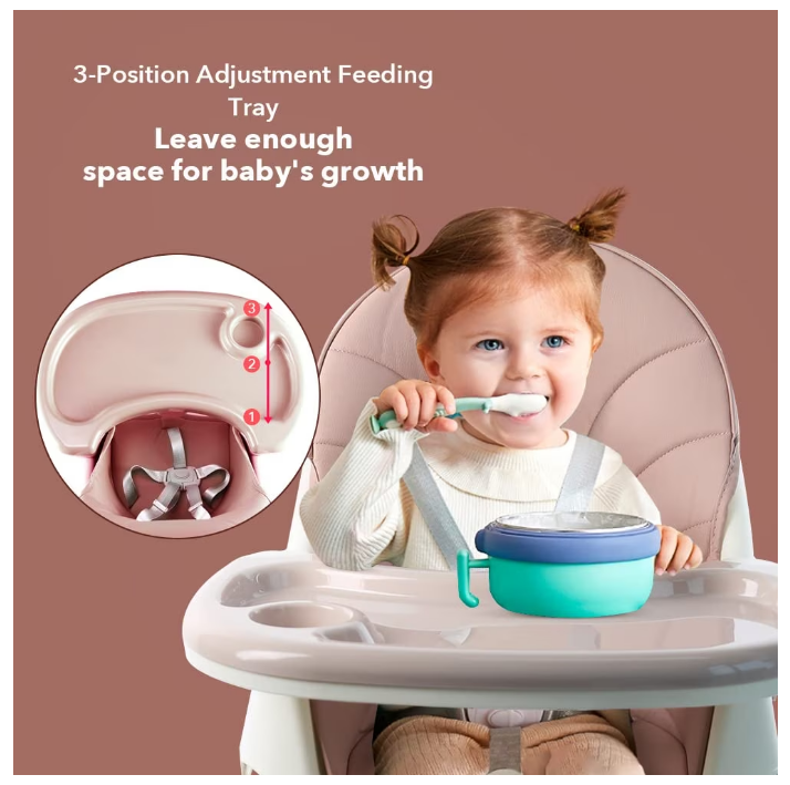 Scaun de Masa Bebelusi si Copii, Pliabil, 7 in 1, At Performance, Multifuntional,, Tavita Detasabila, Piele, Roti Detasabile, Mod Balansoar, Centura in 5 Puncte, Ajustabil pe Inaltime, Rezistent la Murdarie, Cos de Depozitare, Spatar ajustabil, Roz