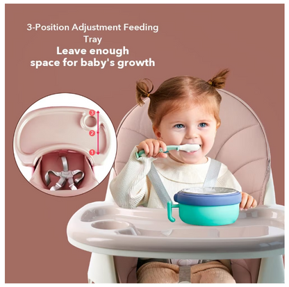 Scaun de Masa Bebelusi si Copii, Pliabil, 7 in 1, At Performance, Multifuntional,, Tavita Detasabila, Piele, Roti Detasabile, Mod Balansoar, Centura in 5 Puncte, Ajustabil pe Inaltime, Rezistent la Murdarie, Cos de Depozitare, Spatar ajustabil, Roz