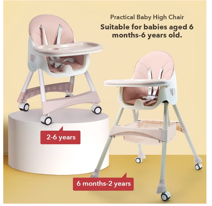 Scaun de Masa Bebelusi si Copii, Pliabil, 7 in 1, At Performance, Multifuntional,, Tavita Detasabila, Piele, Roti Detasabile, Mod Balansoar, Centura in 5 Puncte, Ajustabil pe Inaltime, Rezistent la Murdarie, Cos de Depozitare, Spatar ajustabil, Roz