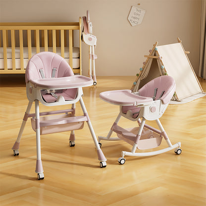 Scaun de Masa Bebelusi si Copii, Pliabil, 7 in 1, At Performance, Multifuntional,, Tavita Detasabila, Piele, Roti Detasabile, Mod Balansoar, Centura in 5 Puncte, Ajustabil pe Inaltime, Rezistent la Murdarie, Cos de Depozitare, Spatar ajustabil, Roz