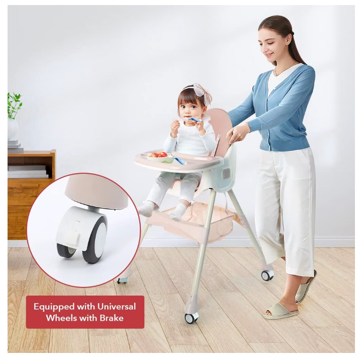 Scaun de Masa Bebelusi si Copii, Pliabil, 7 in 1, At Performance, Multifuntional,, Tavita Detasabila, Piele, Roti Detasabile, Mod Balansoar, Centura in 5 Puncte, Ajustabil pe Inaltime, Rezistent la Murdarie, Cos de Depozitare, Spatar ajustabil, Roz