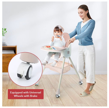 Scaun de Masa Bebelusi si Copii, Pliabil, 7 in 1, At Performance, Multifuntional,, Tavita Detasabila, Piele, Roti Detasabile, Mod Balansoar, Centura in 5 Puncte, Ajustabil pe Inaltime, Rezistent la Murdarie, Cos de Depozitare, Spatar ajustabil, Roz