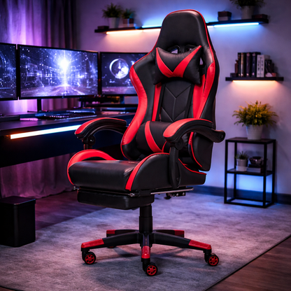 Scaun Gaming Reglabil idealStore eSPORT, Suport pentru Picioare Retractabil, Cotiere reglabile, Perne Confortabile, Modificare inclinatie spatar, Red Black