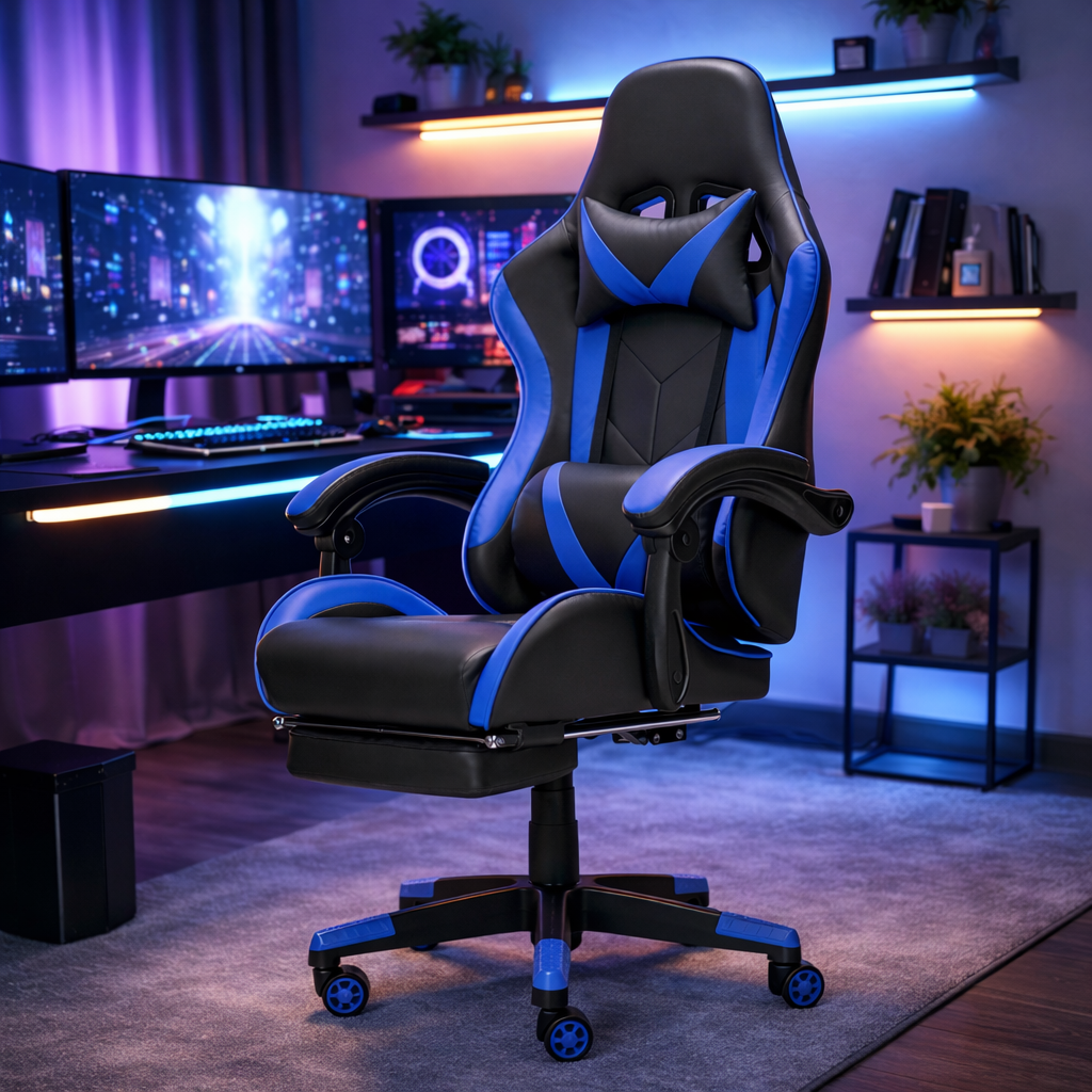 Scaun Gaming Reglabil idealStore eSPORT, Suport pentru Picioare Retractabil, Cotiere reglabile, Perne Confortabile, Modificare inclinatie spatar, Albastru Negru
