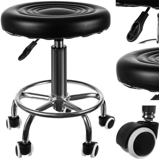 Scaun Taburet Hidraulic Rotativ idealSTORE, Inaltime Reglabila, 5 Roti din Cauciuc, Suport pentru Picioare, Otel cromat, Piele Ecologica, Perfect pentru Salon, Cosmetica, Pedichiura, Manichiura, Frizerie, Coafor, Sarcina 150 Kg