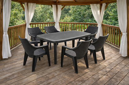 Set gradina cu masa si 6 scaune din plastic rezistent UV si intemperii, dimensiuni 135x85x72 cm, confort pentru familie