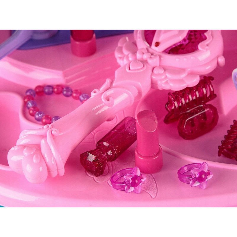 Masuta De Machiaj Pentru Fetite Cu Sunete Interactive Si Lumini, Uscator De Par Si Scaunel, Inaltime 60 cm