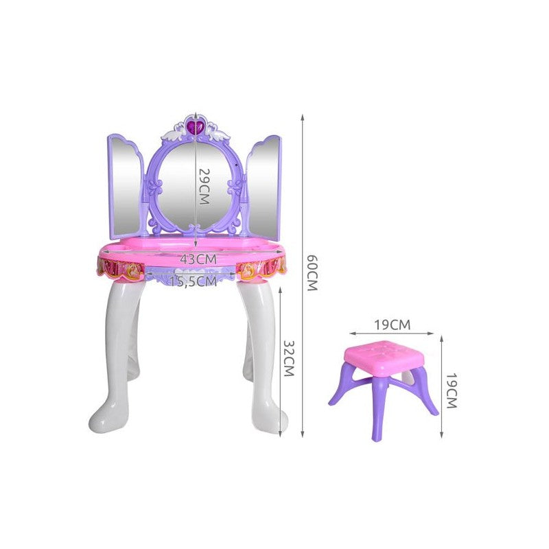 Masuta De Machiaj Pentru Fetite Cu Sunete Interactive Si Lumini, Uscator De Par Si Scaunel, Inaltime 60 cm
