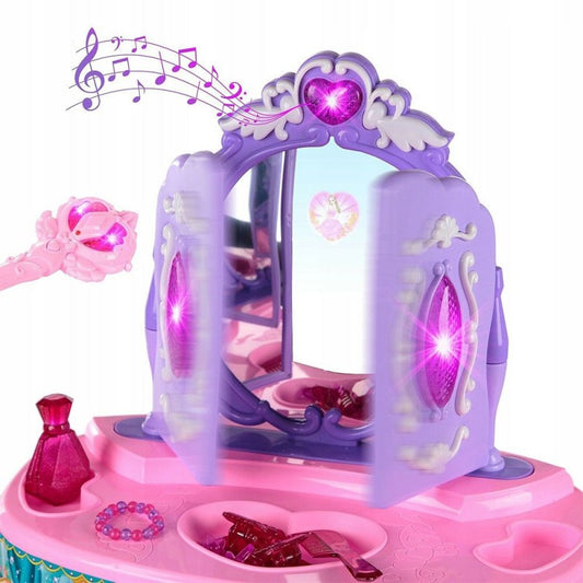 Masuta De Machiaj Pentru Fetite Cu Sunete Interactive Si Lumini, Uscator De Par Si Scaunel, Inaltime 60 cm