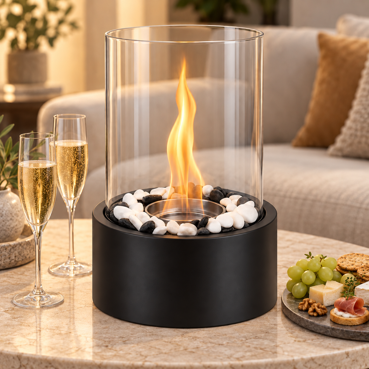Semineu Decorativ Pe Bioetanol idealSTORE, Model De Masa, Flacara Reala, Panouri Din Sticla, Autonomic 60 Minute, 28 X 16 X 16 CM, Negru