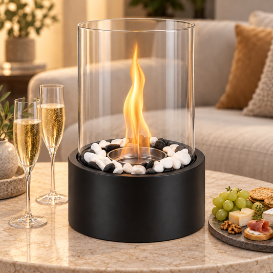 Semineu Decorativ Pe Bioetanol idealSTORE, Model De Masa, Flacara Reala, Panouri Din Sticla, Autonomic 60 Minute, 28 X 16 X 16 CM, Negru