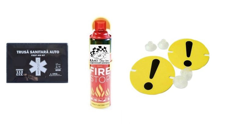 Kit siguranta rutiera Motor Starter 5 ani valabilitate, Trusa medicala auto prim ajutor + Stingator auto tip spray 1000 ml, semn incepator tip ventuza