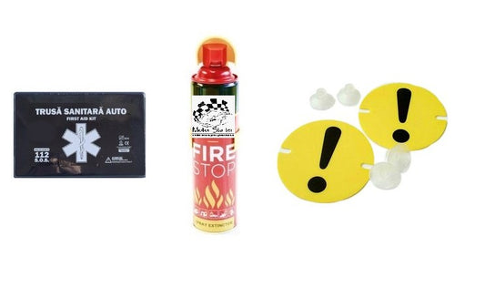 Kit siguranta rutiera Motor Starter 5 ani valabilitate, Trusa medicala auto prim ajutor + Stingator auto tip spray 1000 ml, semn incepator tip ventuza