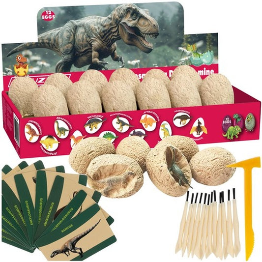 Set 12 Oua de Dinozauri in Mina idealSTORE, Include 12 Cartonase, Dalta, Non-Toxice, Dezvolta Imaginatia si Interesul pentru Lumea Preistorica