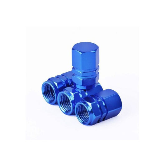 Set 4 capace pentru valve culoare Albastru idealSTORE, Aluminiu, Protejeaza valvele de murdarie si coroziune, imbunatateste aspectul estetic al rotilor