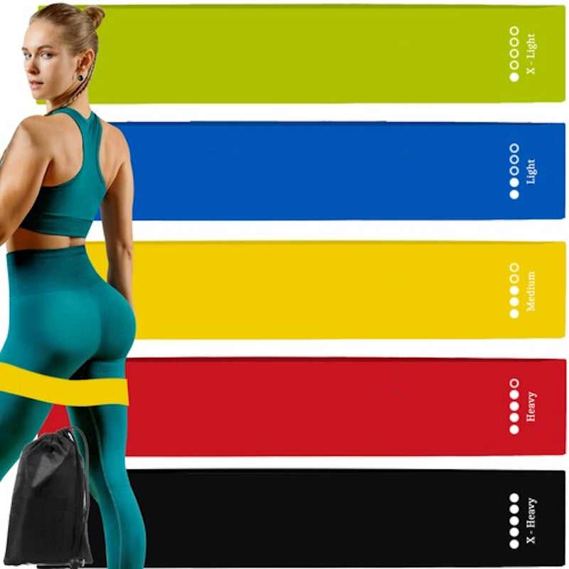 Set 5 Benzi Elastice idealSTORE, 5 Grade de Rezistenta, Marcare Nivel Rezistenta, din Latex, contine Husa de Depozitare, Dimensiuni Compacte