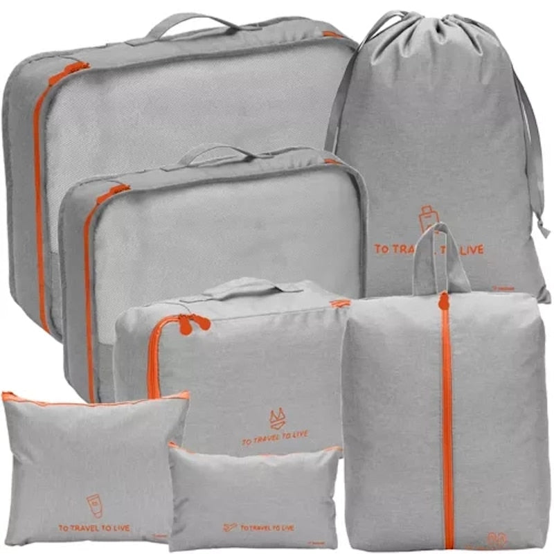 Set 7 organizatoare de diferite dimensiuni pentru bagaj idealSTORE, Impermeabile, Ideal pentru cosmetice, haine, incaltaminte, lenjerie intima, Gri-Portocaliu