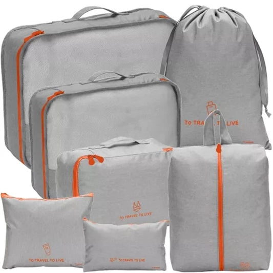 Set 7 organizatoare de diferite dimensiuni pentru bagaj idealSTORE, Impermeabile, Ideal pentru cosmetice, haine, incaltaminte, lenjerie intima, Gri-Portocaliu