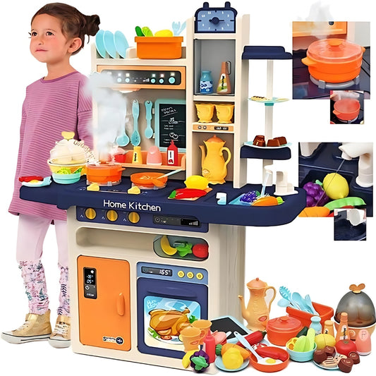 Set bucatarie completa multifunctionala pentru copii, 65 de piese, cuptor, frigider, chiuveta cu circuit de apa, ustensile, Albastru, PROMERCO