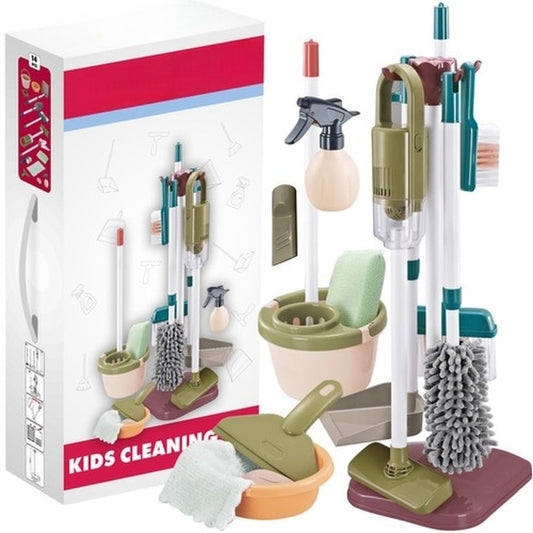 Set de joaca Profesional de Curatenie Kids Cleaning idealSTORE, Dimensiuni 20 x 20 x 61 cm, Include Suport pentru Ustensile, Acceosrii Specifice pentru curatenie, Invatare prin Joc, Dezvolta Abilitatile Manuale si de Coordonare